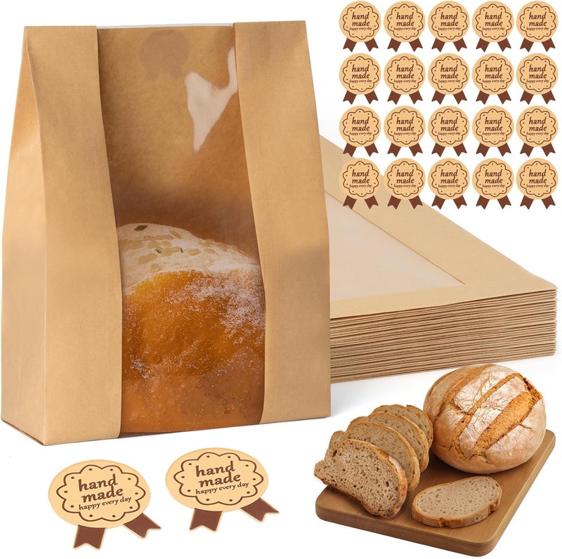 FUNFERY 30 Pcs Sourdough Bread Bags for Home Made Bread Sourdough,Large Paper Bags for Breads Gifting with Window & Cute Seal Stickers,Loaf Bags for Bakery Packaging and Storage(12.79"x8.26"x3.54") - Image 1